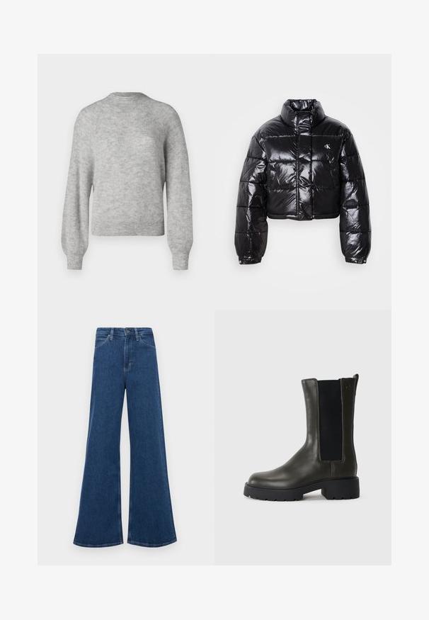 Krótkia czarna kurtka puchowa o błyszczącym wykończeniu, z wysokim kołnierzem, przednim zapięciem na zamek i detalem logo. Posiada obszerne rękawy i pikowane sekcje.; Jasnoszary, dzianinowy sweter z miękkiego materiału, z okrągłym dekoltem oraz długimi, lekko bufkami rękawami z prążkowanymi wykończeniami.; Niebieskie dżinsy z rozszerzanymi nogawkami i wysokim stanem, z pięcioma kieszeniami, zapięciem na guzik i kontrastowym przeszyciem na szwach.; Zielone skórzane botki za kostkę z elastycznymi panelami bocznymi, zaokrąglonym noskiem i gumową podeszwą. Posiadają teksturowane wykończenie oraz słupek.