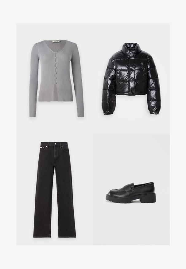 Gekürzte schwarze Steppjacke mit glänzender Oberfläche, hohem Kragen, Frontreißverschluss und Logodetail. Verfügt über übergroße Ärmel und gesteppte Abschnitte.; Grau gerippter Cardigan mit langen Ärmeln, V-Ausschnitt und sieben Knöpfen auf der Vorderseite. Der Stoff hat eine weiche Textur und ein figurbetontes Design.; Schwarze weit geschnittene Jeans aus Denim mit einem hoch sitzenden Bund, fünf Taschen und einem Metallknopfverschluss mit kontrastierendem Nähte.; Schwarze Lederloafers mit strukturiertem Finish, ausgestattet mit einem rechteckigen Riemen über dem Spann und einem stabilen, gezackten Sohlen-Design.