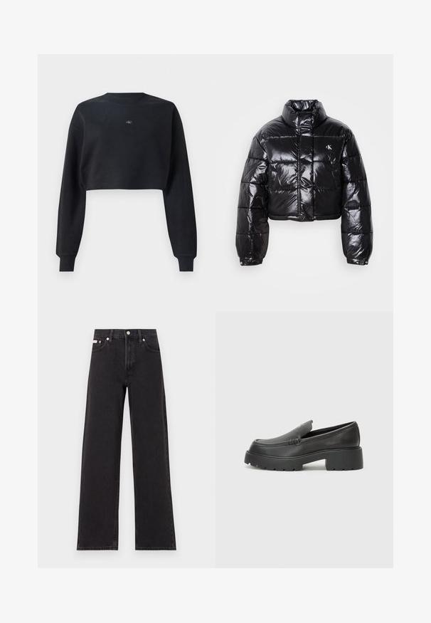 Chaqueta acolchada negra recortada con acabado brillante, cuello alto, cremallera frontal y detalle de logo. Presenta mangas oversize y secciones acolchadas.; Sudadera negra recortada con mangas largas, cuello redondo y un pequeño logo en el pecho. La tela tiene una textura suave.; Jeans anchos de mezclilla negros, con cintura alta, cinco bolsillos y cierre de botón metálico con costuras contrastantes.; Mocasines de piel negra con punta redondeada, suela texturizada gruesa y mínimos detalles de costura. Diseño elegante sin cordones o herrajes visibles.