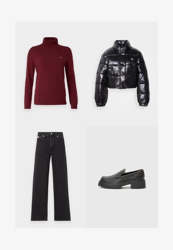 Izgriezta melna pūkainā jaka ar spīdīgu apdari, augstu apkakli, priekšējiem rāvējslēdzējiem un logotipa detaļām. Iezīmējas ar pārspīlētiem piedurknēm un quilted sekcijām.; GANT ROLLNECK - Džemperis - plumped red; Melni platmalu džinsi, kas izgatavoti no denima, ar augstu vidukli, piecu kabatu dizainu un metāla pogas aizdari ar kontrastējošu šuvumu.; Melnas ādas mokasīni ar noapaļotu purngalu, biezs teksturēts zoles un minimālas dūriena detaļas. Gluds dizains bez redzamām auklām vai metāla elementiem.