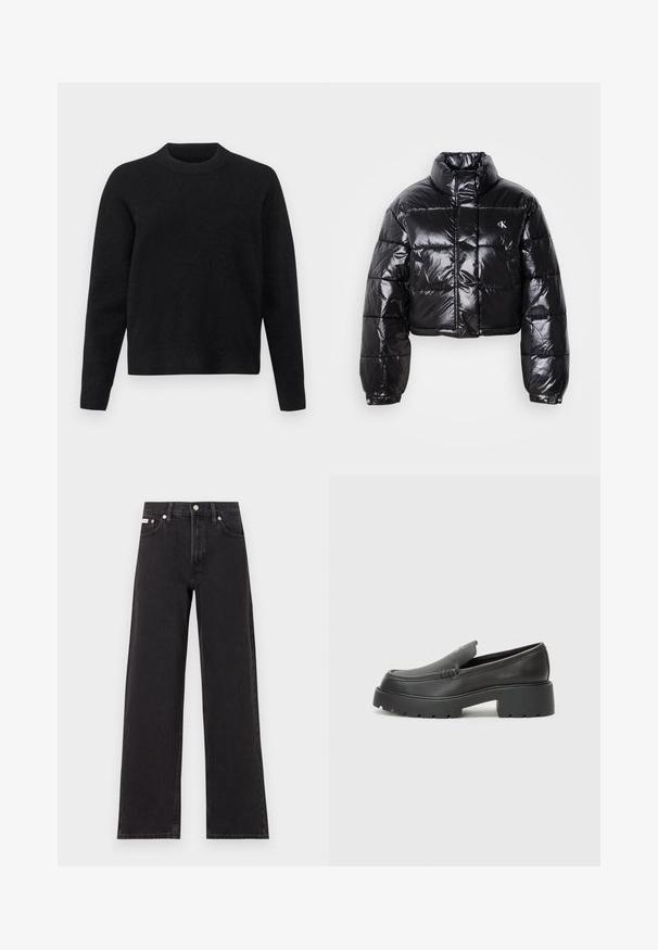 Lühendatud must puffer-jakk läikiva viimistlusega, kõrge krae, eeslukuga ja logodetailiga. Omab üleöö suuruseid varrukaid ja tikitud sektsioone.; Musta kampsun pehmest kangast, ümmarguse kaelusega, pikkade varrukatega ja lõdva lõikega, millel on siledat pinda.; Mustad laiad mustad teksad, millel on kõrge vöökoht, viie tasku stiil ja metallist nööpkinnitus kontrastsete õmblustega.; Mustad nahast loafers ümarate varvastega, paksu tekstuuriga tald ja minimaalsete õmbluse detailidega. Viimistletud disain, kus pole nähtavaid paelu ega riistu.