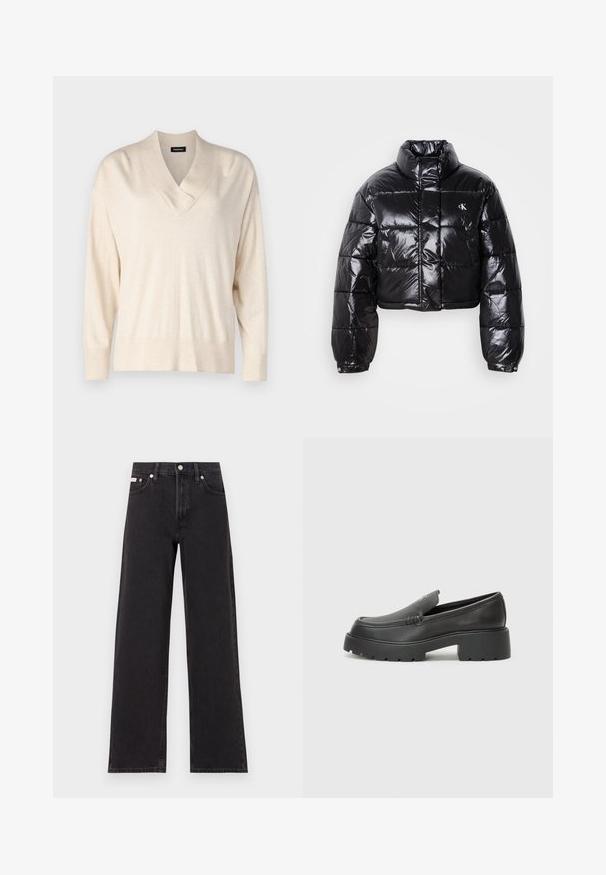 Gekürzte schwarze Steppjacke mit glänzender Oberfläche, hohem Kragen, Frontreißverschluss und Logodetail. Verfügt über übergroße Ärmel und gesteppte Abschnitte.; Beige Pullover mit V-Ausschnitt und langen Ärmeln. Hergestellt aus einem weichen, leichten Stoff. Verfügt über eine lockere Passform und gerippte Bündchen sowie Saum.; Schwarze weit geschnittene Jeans aus Denim mit einem hoch sitzenden Bund, fünf Taschen und einem Metallknopfverschluss mit kontrastierendem Nähte.; Schwarze Lederloafer mit einer abgerundeten Spitze, dicker strukturierten Laufsohle und minimalen Nähten. Schlankes Design ohne sichtbare Schnürsenkel oder Beschläge.