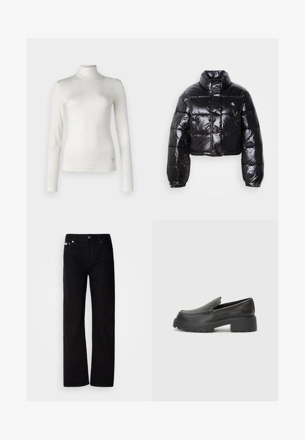 Zkrátená čierna prešívaná bunda s lesklým povrchom, vysokým golierom, predným zipsom a detailom loga. Obsahuje nadrozšírené rukávy a prešívané časti.; Biela dlhá hladká sťahovacia blúzka s dlhým rukávom vyrobená z jemného materiálu s hladkou textúrou. Na spodnej strane má jemný akcent s logom.; Čierne rovné džínsy s piatimi vreckami, striebornými nitmi a zapínaním na gombík. Tkanina má hladký, jemne textúrovaný povrch.; Čierne kožené mokasíny s okrúhlou špičkou, hrubou textúrovanou podrážkou a minimom stehovej výzdoby. Štíhly dizajn bez viditeľných šnúr alebo kovania.