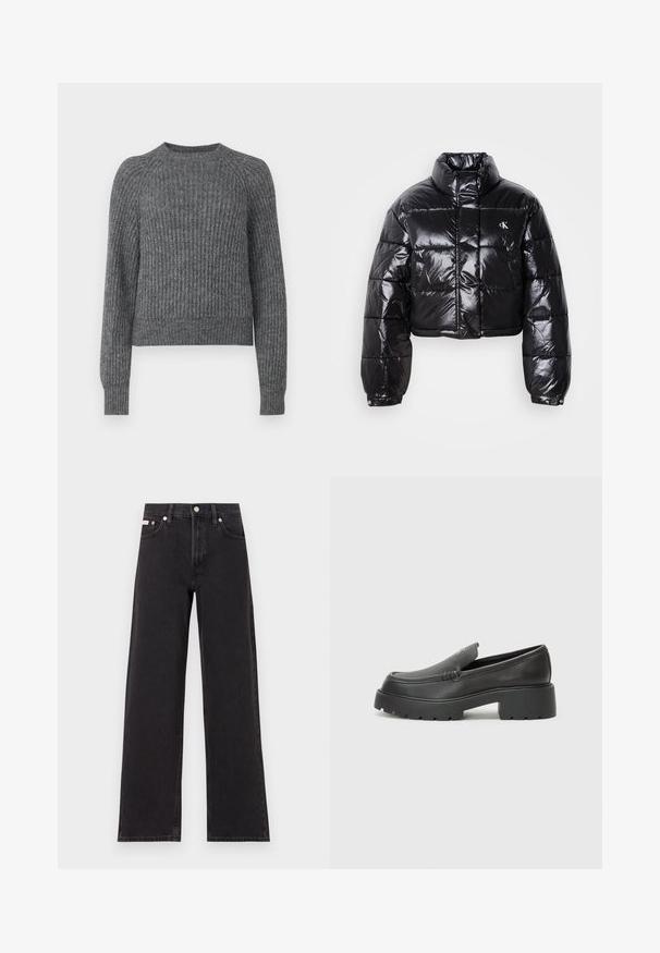 Izgriezta melna pūkainā jaka ar spīdīgu apdari, augstu apkakli, priekšējiem rāvējslēdzējiem un logotipa detaļām. Iezīmējas ar pārspīlētiem piedurknēm un quilted sekcijām.; Pelēks ribots džemperis ar apaļu kakla izgriezumu un garām piedurknēm. Faktūra ir mīksta, bet piegriezums ir brīvs ar nedaudz īsāku dizainu.; Melni platmalu džinsi, kas izgatavoti no denima, ar augstu vidukli, piecu kabatu dizainu un metāla pogas aizdari ar kontrastējošu šuvumu.; Melnas ādas mokasīni ar noapaļotu purngalu, biezs teksturēts zoles un minimālas dūriena detaļas. Gluds dizains bez redzamām auklām vai metāla elementiem.