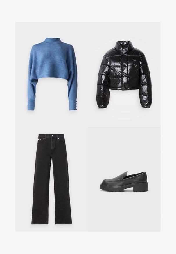 Skrajšana črna pufasta jakna z sijajno površino, visokim ovratnikom, sprednjim zadrgo in detajlom logotipa. Ima prevelike rokave in kviltane dele.; Skrajšan moder pulover z ovratnikom, rebrasto teksturo in dolgimi rokavi, ki imajo gumbne detajle na manšetah.; Črne široke jeans hlače iz denima, s poudarjenim pasom, petimi žepi in kovinskim gumbom za zapiranje ter kontrastnim šivanjem.; Črne usnjene loafers čevlje z zaobljenim nosom, debelim teksturiranim podplatom in minimalnimi šivi. Elegantna zasnova brez vidnih vezalk ali kovinskih delov.