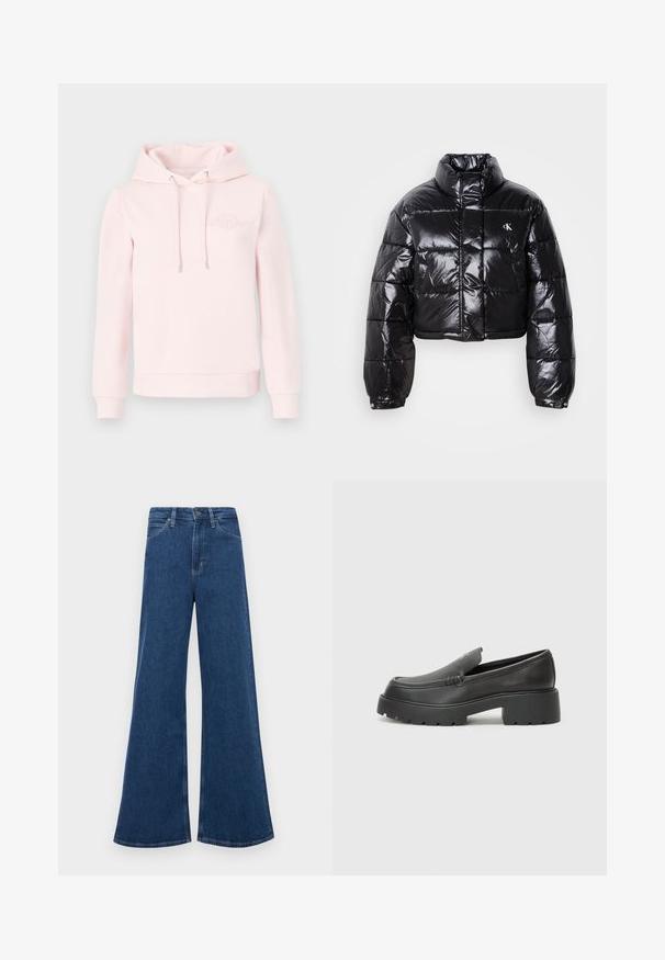Zkrátená čierna prešívaná bunda s lesklým povrchom, vysokým golierom, predným zipsom a detailom loga. Obsahuje nadrozšírené rukávy a prešívané časti.; Svetlo ružová mikina s kapucňou vyrobená z mäkkej tkaniny, s kloktanou vreckom, šnúrkou na kapucni a vyšitým logom na hrudi.; Modré denimové rozšírené džínsy s vysokým pásom, ktoré majú päť vreciek, zapínanie na gombík a kontrastné švy.; Čierne kožené mokasíny s okrúhlou špičkou, hrubou textúrovanou podrážkou a minimom stehovej výzdoby. Štíhly dizajn bez viditeľných šnúr alebo kovania.