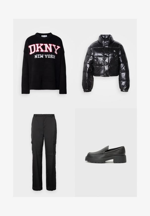 Izgriezta melna pūkainā jaka ar spīdīgu apdari, augstu apkakli, priekšējiem rāvējslēdzējiem un logotipa detaļām. Iezīmējas ar pārspīlētiem piedurknēm un quilted sekcijām.; Melnā adīta džemperis ar apaļu kakla izgriezumu un ribām. Izteiksmīgs "DKNY" logo sarkanā un baltā krāsā, ar "NEW YORK" zem tā. Mīksta tekstūra.; Melnas bikses ar taisnu griezumu, pogu aizdari un divām sānu kabatām. Izgatavotas no gludas auduma bez redzamām rakstām vai dekorācijām.; Melnas ādas mokasīni ar noapaļotu purngalu, biezs teksturēts zoles un minimālas dūriena detaļas. Gluds dizains bez redzamām auklām vai metāla elementiem.