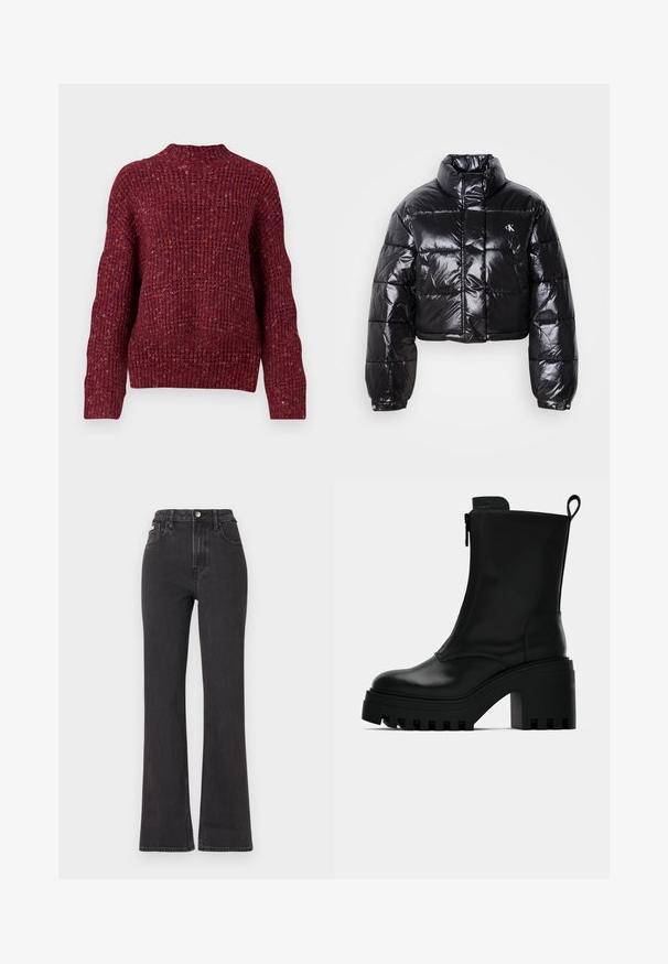 Κομμένο μαύρο μπουφάν τύπου puffer με γυαλιστερή επιφάνεια, ψηλό γιακά, μπροστινό φερμουάρ και λεπτομέρεια λογότυπου. Διαθέτει υπερμεγέθη μανίκια και ραμμένα τμήματα.; Πλεκτό πουλόβερ σε σκούρο μπορντό, με ψηλό λαιμό, μακριά μανίκια και υφή ραβδώσεων. Χοντρή σχεδίαση με χαλαρή εφαρμογή.; Μαύρα ψηλόμεσα τζιν με φαρδιά γραμμή, κατασκευασμένα από τζιν, διαθέτουν κλείσιμο με κουμπί, θηλιές ζώνης και πλαϊνές τσέπες. Λείος υφή με ελάχιστη φθορά.; Μαύρη δερμάτινη μπότες έως τον αστράγαλο με χοντρή σόλα, τετράγωνη φτέρνα, πλαϊνό φερμουάρ και θηλάκι στο πίσω μέρος, σε λευκό φόντο.