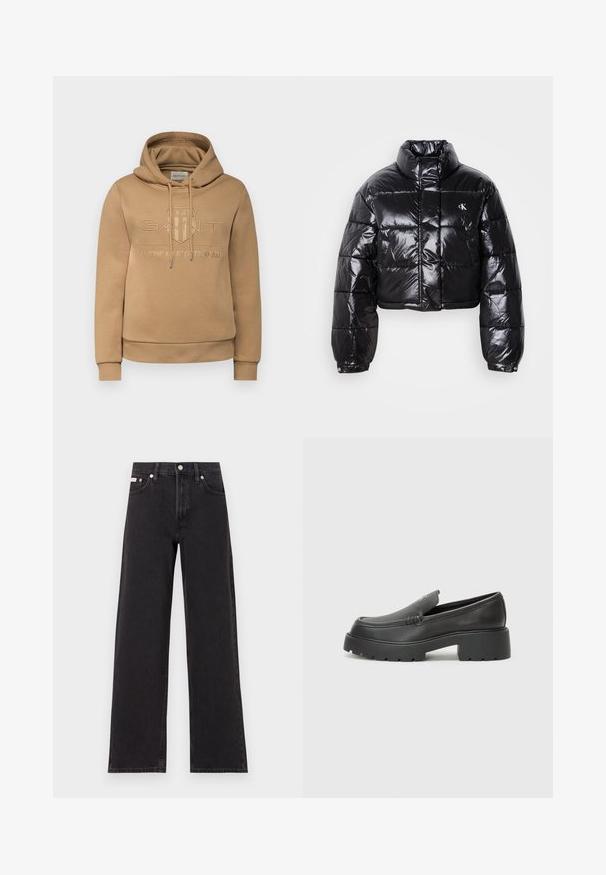 Cropped black puffer jacket with glossy finish, high collar, front zipper, and logo detail. Features oversized sleeves and quilted sections.; GANT TONAL SHIELD HOODIE - Hoodie - camel; Black wide-leg jeans made of denim, featuring a high-rise waist, five-pocket styling, and a metal button closure with contrasting stitching.; Black leather loafers with a rounded toe, thick textured sole, and minimal stitching details. Sleek design with no visible laces or hardware.
