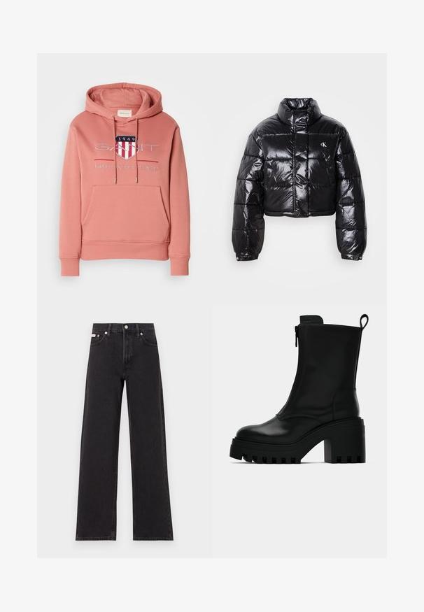 Chaqueta acolchada negra recortada con acabado brillante, cuello alto, cremallera frontal y detalle de logo. Presenta mangas oversize y secciones acolchadas.; Sudadera rosa con bolsillo tipo canguro, capucha con cordón y logo bordado que presenta un escudo con rayas rojas y blancas. Tejido suave.; Jeans anchos de mezclilla negros, con cintura alta, cinco bolsillos y cierre de botón metálico con costuras contrastantes.; Botín negro de cuero hasta el tobillo con suela de goma gruesa, tacón cuadrado, cremallera lateral y tirador en la parte posterior sobre un fondo blanco liso.