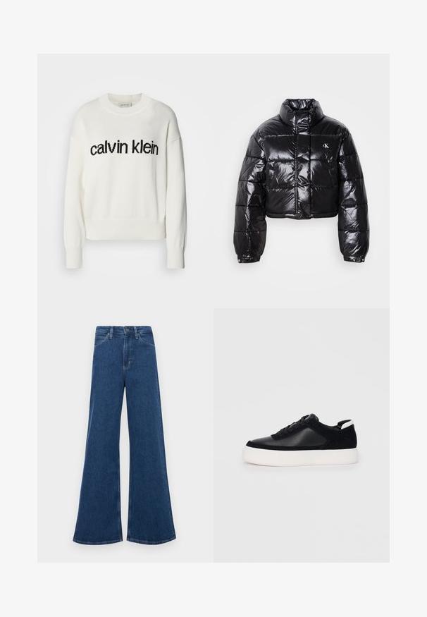 Zkrácená černá péřová bunda s lesklým povrchem, vysokým límcem, předním zipem a logem. Má široké rukávy a prošívané části.; Bílý pletený svetr s kulatým výstřihem a dlouhými rukávy, na prsou s černým logem "calvin klein". Měkká textura, zkrácený střih.; Modré zvonové džíny s vysokým pasem, které mají pět kapes, knoflíkovou zapínání a kontrastní švy.; Černé sneakersy s hladkou kůží a semišovými panely, plochými šňůrkami, zaoblenou špičkou a bílou gumovou podrážkou. Výrazné logo na patě.
