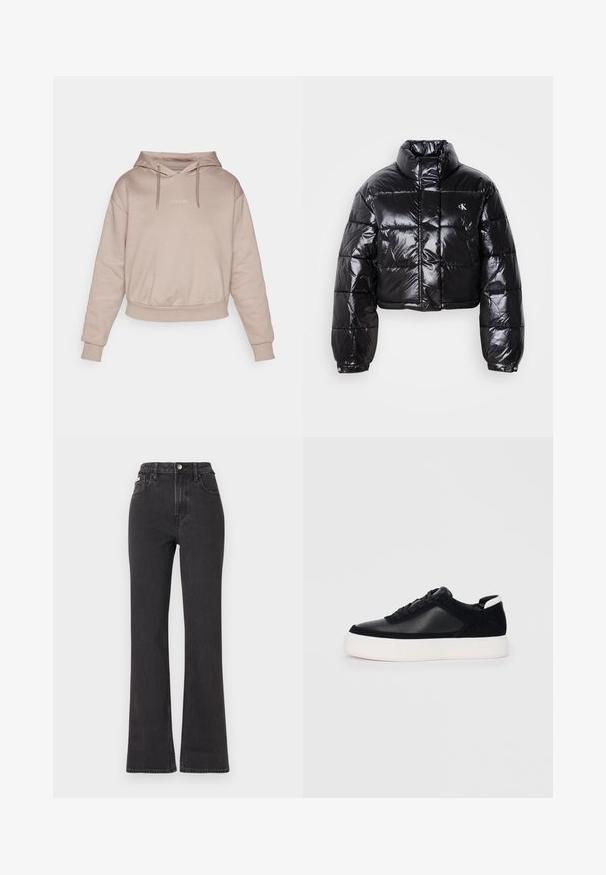 Veste doudoune noire coupée avec finition brillante, col haut, fermeture éclair à l'avant et détail de logo. Présente des manches surdimensionnées et des sections matelassées.; Guess STACIE HOODED - Sweat à capuche - weathered grey; Jean noir taille haute évasé en denim, avec fermeture à bouton, passants de ceinture et poches latérales. Texture lisse avec un minimum de décoloration.; Sneaker noir avec des panneaux en cuir lisse et en daim, lacets plats, bout rond et semelle en caoutchouc blanche. Logo distinct au niveau du talon.