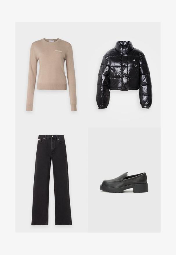 Fekete, fényes felületű, vágott pufi dzseki, magas gallérral, elülső cipzárral és logó részlettel. Tágas ujjakkal és steppelt részekkel rendelkezik.; Beige kötött pulóver hosszú ujjal, kerek nyakkivágással, bordás aljú és mandzsettás kialakítással, a mellkasán diszkrét fehér "2ND DAY" logóval.; Fekete, bőszárú farmernadrág, magas derekú, öt zsebes kialakítással és fém gombos záródással, kontrasztos varrással.; Fekete bőr loafer cipők kerek orral, vastag, texturált talppal és minimális varrási részletekkel. Áramvonalas dizájn, látható fűzők vagy fém részek nélkül.