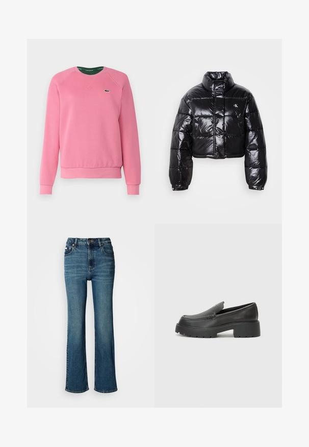 Chaqueta acolchada negra recortada con acabado brillante, cuello alto, cremallera frontal y detalle de logo. Presenta mangas oversize y secciones acolchadas.; Lacoste Sudadera - reseda pink; Jeans de tiro alto en azul, confeccionados en denim, con un diseño de pierna recta, un ligero desvanecido y un cierre estándar de botón y cremallera.; Mocasines de piel negra con punta redondeada, suela texturizada gruesa y mínimos detalles de costura. Diseño elegante sin cordones o herrajes visibles.