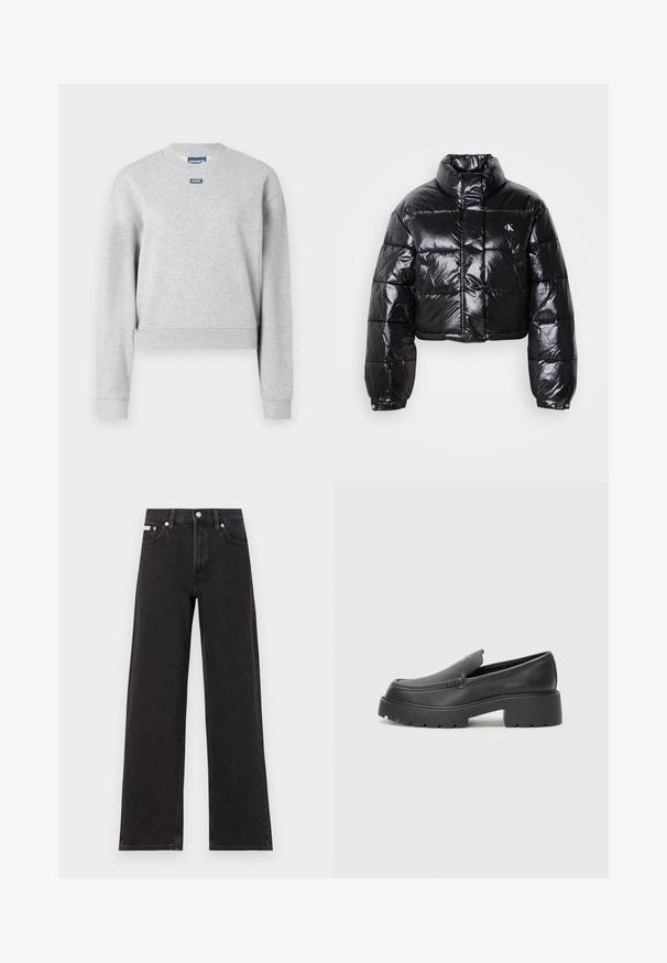 Geknipt zwart pufferjack met glanzende afwerking, hoge kraag, ritssluiting aan de voorkant en logodetail. Beschikt over oversized mouwen en gestikte delen.; Grijze sweatshirt met een ronde hals, lange mouwen en geribbelde manchetten. Bevat een klein blauw logo-label op de bovenste voorkant. Zachte textuur.; Zwarte wijde spijkerbroeken van denim, met een hoge taille, vijf-pocket stijl en een metalen knoopsluiting met contrasterende stiksels.; Zwarte leren instappers met een ronde neus, dikke getextureerde zool en minimale stikseldetails. Strak ontwerp zonder zichtbare veters of hardware.
