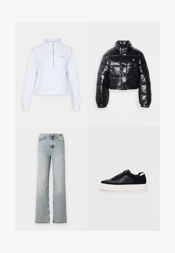 Casaco puffer preto cropped com acabamento brilhante, gola alta, fecho éclair à frente e detalhe de logótipos. Apresenta mangas oversized e secções acolchoadas.; Sweatshirt de azul claro com fecho de um quarto, punhos canelados, um bolso frontal e o logótipo da DKNY bordado no peito. Feito de um tecido macio.; Jeans de denim azul claro de cintura alta, com uma silhueta de perna larga, apresentando cinco bolsos e um desbotado subtil ao longo do tecido.; Sapatilha preta com painéis de pele lisa e camurça, atacadores planos, bico arredondado e sola de borracha branca. Logótipo distinto no calcanhar.