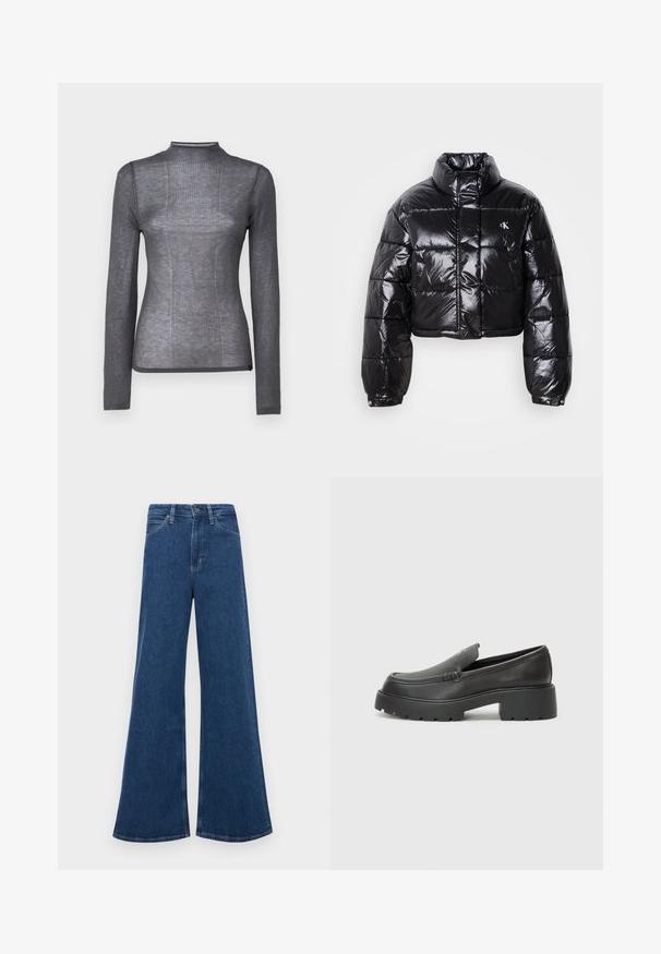 Fekete, fényes felületű, vágott pufi dzseki, magas gallérral, elülső cipzárral és logó részlettel. Tágas ujjakkal és steppelt részekkel rendelkezik.; Hosszú ujjú, magas nyakú felső sötétszürke színben. Puha, rugalmas anyagból készült, bordázott textúrával és testhezálló kialakítással. Nincs látható fémrész vagy dísz.; Kék farmerből készült, bővülő szárú, magas derekú farmernadrág, öt zsebbel, gombos záródással és kontrasztos varrásokkal az összehúzott részeknél.; Fekete bőr loafer cipők kerek orral, vastag, texturált talppal és minimális varrási részletekkel. Áramvonalas dizájn, látható fűzők vagy fém részek nélkül.