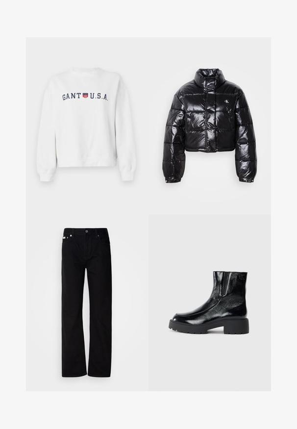 Giacca a vento nera cropped con finitura lucida, colletto alto, zip frontale e dettaglio con logo. Presenta maniche oversized e sezioni trapuntate.; Felpa bianca in cotone, con logo navy "GANT U.S.A." e emblema a scudo, maniche e orlo a coste.; Pantaloni in denim nero a gamba dritta con cinque tasche, rivetti argentati e chiusura con bottone. Il tessuto ha una finitura liscia e leggermente testurizzata.; Stivali neri alla caviglia con una finitura in pelle laccata lucida, suola in gomma nera spessa e tacco rialzato; include un discreto dettaglio del logo sul lato.