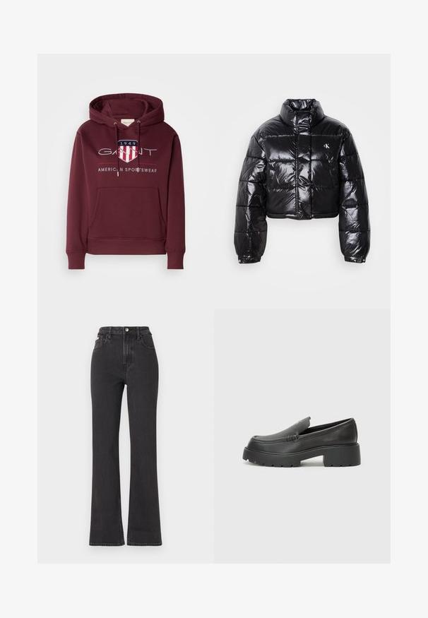 Kuttet svart dunjakke med glatt finish, høy krage, frontlås og logo-detalj. Den har overdimensjonerte ermer og quiltede seksjoner.; Mørkebrun hettegenser laget av mykt stoff, med frontlomme, snorer og en logo med et skjold og teksten "1949" på brystet.; Svarte høyt midje, utsvingte jeans laget av denim, med knappelukking, beltehemper og sidelommer. Glatt tekstur med minimal falming.; Sorte skinnloafers med rund tå, tykk teksturert såle og minimale sømdetaljer. Strømlinjeformet design uten synlige snørebånd eller hardvarer.