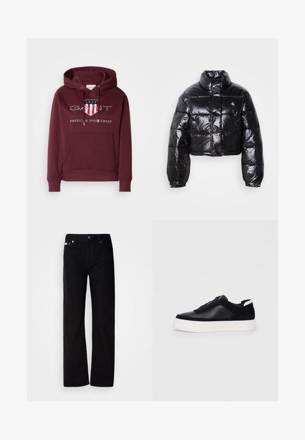 Trumpas juodas pūkinis paltas su blizgiu paviršiumi, aukšta apykakle, priekiniais užtrauktukais ir logotipo detalėmis. Yra plačios rankovės ir siuvinėtos dalys.; Bordo spalvos džemperis su minkšta medžiaga, turintis priekinę kišenę, virvutes ir logotipą su skydu bei tekstu "1949" ant krūtinės.; Juodi džinsai tiesaus kirpimo su penkiomis kišenėmis, sidabriniais kabliukais ir mygtukų užtrauktuku. Medžiaga turi lygią, šiek tiek tekstūruotą apdailą.; Juodi sportbačiai su lygiu oda ir zomšinėmis detalėmis, plokščiomis raišteliais, apvaliu walko ir balta guma iš baze. Išskirtinė logotipas ant kulno.