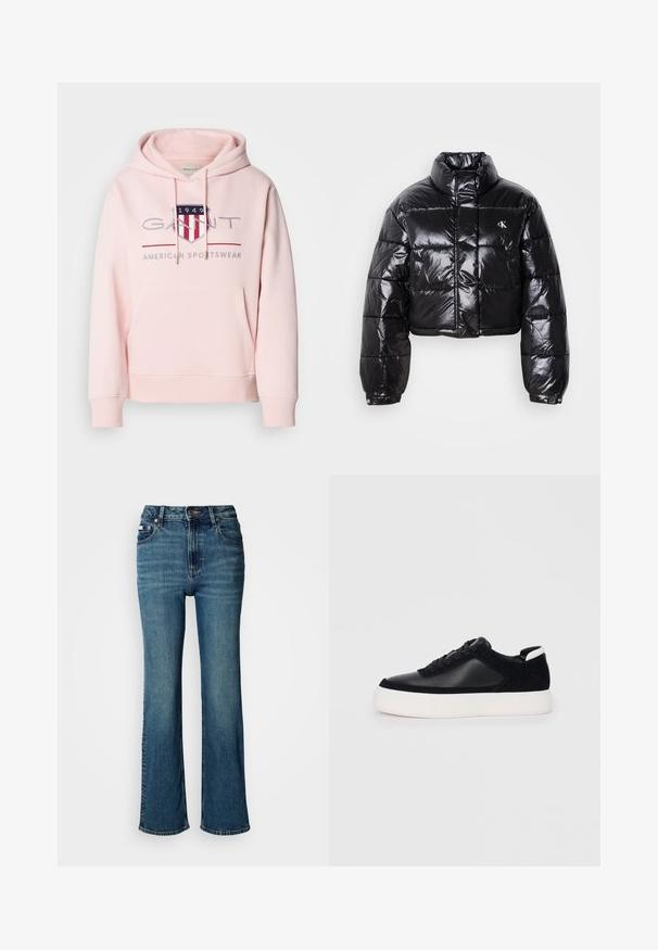 Skraćena crna jakna od puf materijala sa sjajnom završnom obradom, visokim ovratnikom, prednjim patentnim zatvaračem i detaljem s logotipom. Ima ogroman rukav i kviltane dijelove.; Roza dukserica s kapuljačom izrađena od mekog materijala. Sadrži prednji đep, kapuljaču s užetom i izvezeni logo s crvenim i plavim akcentima.; Traperice viskog struka u plavoj boji, s ravnim nogavicama, blagim izbljeđivanjem, te standardnim dugmetom i zatvaračem.; Crne tenisice s glatkom kožom i panelima od antilopa, ravne vezice, zaobljenim vrhom i bijelim gumeni potplat. Izraziti logo na peti.