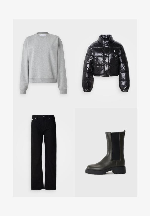 Gekürzte schwarze Steppjacke mit glänzender Oberfläche, hohem Kragen, Frontreißverschluss und Logodetail. Verfügt über übergroße Ärmel und gesteppte Abschnitte.; Grauer Sweatshirt mit rundem Halsausschnitt, langen Ärmeln und einem leicht verkürzten Design. Aus weichem Stoff mit gerippten Bündchen und Saum.; Schwarze Denim-Hosen mit geradem Bein, fünf Taschen, silbernen Nieten und einem Knopfverschluss. Der Stoff hat eine glatte, leicht strukturierte Oberfläche.; Grüne Leder-Stiefelette mit elastischen seitlichen Einsätzen, runder Zehenpartie und Gummisohle. Hat eine strukturierte Oberfläche und einen Blockabsatz.