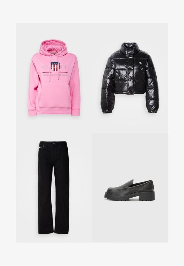 Gekürzte schwarze Steppjacke mit glänzender Oberfläche, hohem Kragen, Frontreißverschluss und Logodetail. Verfügt über übergroße Ärmel und gesteppte Abschnitte.; GANT ARCHIVE SHIELD HOODIE - Sweatshirt - candy pink; Schwarze Denim-Hosen mit geradem Bein, fünf Taschen, silbernen Nieten und einem Knopfverschluss. Der Stoff hat eine glatte, leicht strukturierte Oberfläche.; Schwarze Lederloafer mit einer abgerundeten Spitze, dicker strukturierten Laufsohle und minimalen Nähten. Schlankes Design ohne sichtbare Schnürsenkel oder Beschläge.