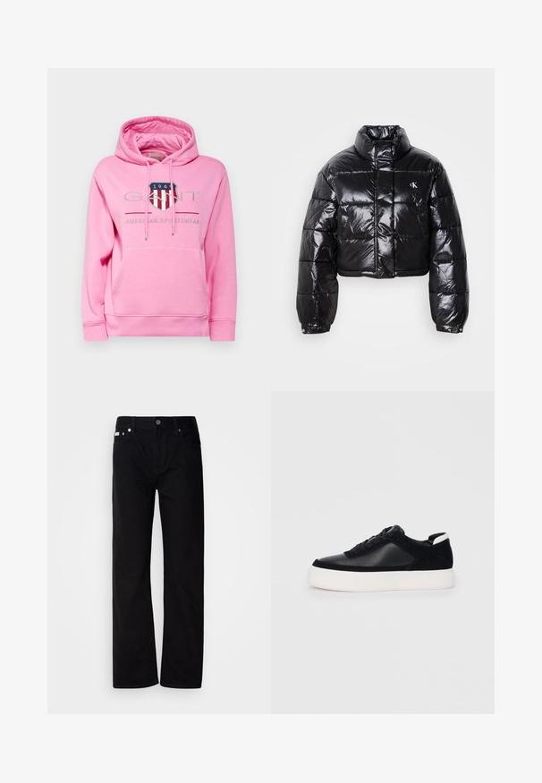 Giacca a vento nera cropped con finitura lucida, colletto alto, zip frontale e dettaglio con logo. Presenta maniche oversized e sezioni trapuntate.; GANT ARCHIVE SHIELD HOODIE - Felpa - candy pink; Pantaloni in denim nero a gamba dritta con cinque tasche, rivetti argentati e chiusura con bottone. Il tessuto ha una finitura liscia e leggermente testurizzata.; Sneaker nera con pannelli in pelle liscia e suede, lacci piatti, punta arrotondata e suola in gomma bianca. Logo distintivo sul tallone.