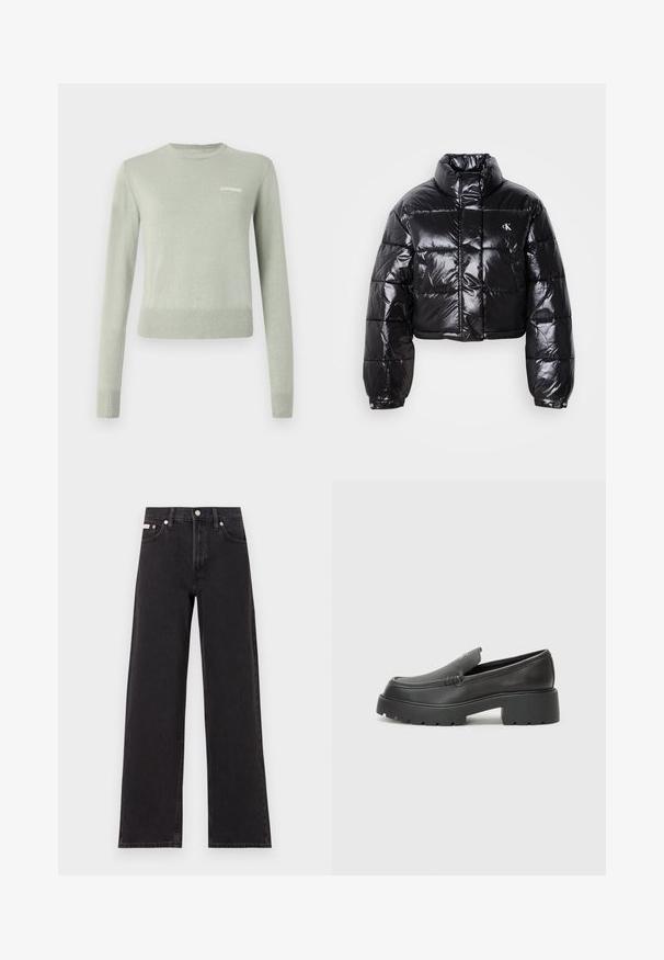 Veste doudoune noire coupée avec finition brillante, col haut, fermeture éclair à l'avant et détail de logo. Présente des manches surdimensionnées et des sections matelassées.; Pull en tricot vert clair avec manches longues, col rond et finitions côtelées aux poignets et à l'ourlet. Présente un logo brodé blanc sur la poitrine.; Jeans noirs à jambes larges en denim, avec une taille haute, une coupe à cinq poches et une fermeture à bouton en métal avec des coutures contrastantes.; Mocassins en cuir noir avec un bout arrondi, une semelle épaisse et texturée, et des détails de couture minimalistes. Design épuré sans lacets ni métal visibles.
