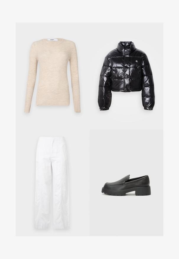 Lühendatud must puffer-jakk läikiva viimistlusega, kõrge krae, eeslukuga ja logodetailiga. Omab üleöö suuruseid varrukaid ja tikitud sektsioone.; Beež pikaline pluus pika varrukaga, valmistatud ribakudumist, klassikalise ümmarguse kaeluse ja pehme tekstuuriga, minimaalistliku disainiga.; Valged laiad püksid, mis on valmistatud kergetest materjalidest, omades siledat tekstuuri, puhtaid jooni ja kõrget vöökohta.; Mustad nahast loafers ümarate varvastega, paksu tekstuuriga tald ja minimaalsete õmbluse detailidega. Viimistletud disain, kus pole nähtavaid paelu ega riistu.