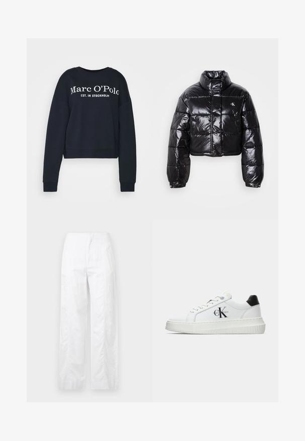 Casaco puffer preto cropped com acabamento brilhante, gola alta, fecho éclair à frente e detalhe de logótipos. Apresenta mangas oversized e secções acolchoadas.; Marc O'Polo ROUND NECK MODERN COPPED FIT LOGOMANIA - Camisola - deep blue sea; Calças brancas de perna larga feitas de um tecido leve, com uma textura suave, linhas limpas e um design de cintura alta.; Sapatilhas brancas de cano baixo com aba preta no calcanhar, sola tipo plataforma, cordões e logo "CK" da Calvin Klein na lateral.