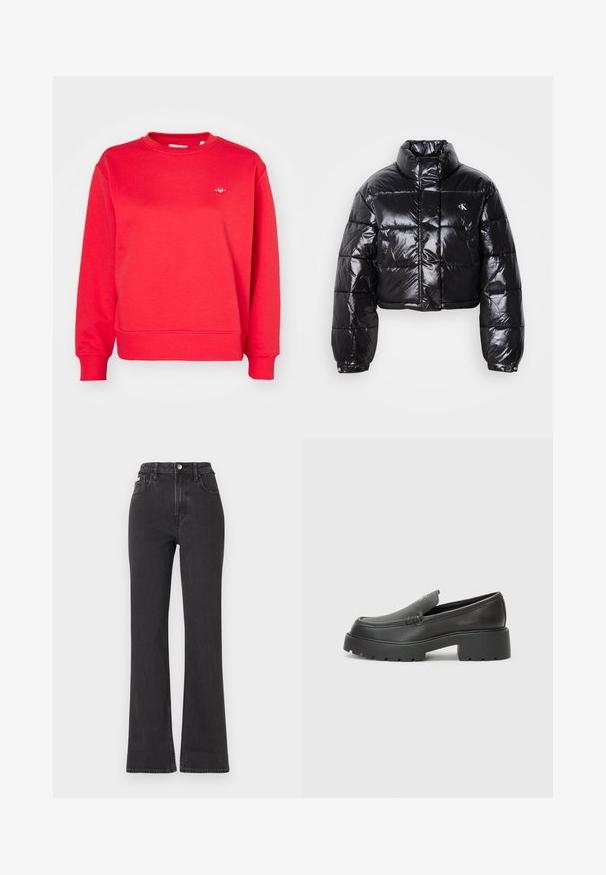Cropped black puffer jacket with glossy finish, high collar, front zipper, and logo detail. Features oversized sleeves and quilted sections.; Red cotton sweatshirt featuring a crew neck, long sleeves, ribbed cuffs and hem, with a small logo detail on the chest.; Black high-waisted flared jeans made of denim, featuring a button closure, belt loops, and side pockets. Smooth texture with minimal fading.; Black leather loafers with a rounded toe, thick textured sole, and minimal stitching details. Sleek design with no visible laces or hardware.