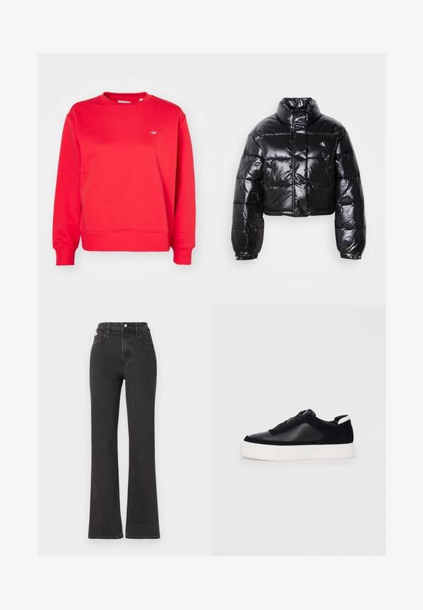 Kuttet svart dunjakke med glatt finish, høy krage, frontlås og logo-detalj. Den har overdimensjonerte ermer og quiltede seksjoner.; Rød bomullgenser med rund hals, lange ermer, ribbestrikkede mansjetter og nederkant, samt en liten logodetalj på brystet.; Svarte høyt midje, utsvingte jeans laget av denim, med knappelukking, beltehemper og sidelommer. Glatt tekstur med minimal falming.; Svart sneakers med glatt skinn og semsket skinnpaneler, flate snørebånd, rund tå og hvit gummisåle. Distinkt logo på hælen.