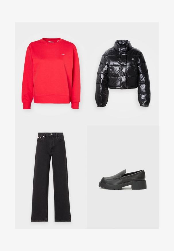 Zkrátená čierna prešívaná bunda s lesklým povrchom, vysokým golierom, predným zipsom a detailom loga. Obsahuje nadrozšírené rukávy a prešívané časti.; Červená bavlnená mikina s okrúhlym výstrihom, dlhými rukávmi, ribovanými manžetami a spodným lemom, s malým logom na hrudi.; Čierne široké džínsy vyrobené z denimu, s vysokým pásom, piatimi vreckami a kovovým zapínaním s kontrastným šitím.; Čierne kožené mokasíny s okrúhlou špičkou, hrubou textúrovanou podrážkou a minimom stehovej výzdoby. Štíhly dizajn bez viditeľných šnúr alebo kovania.