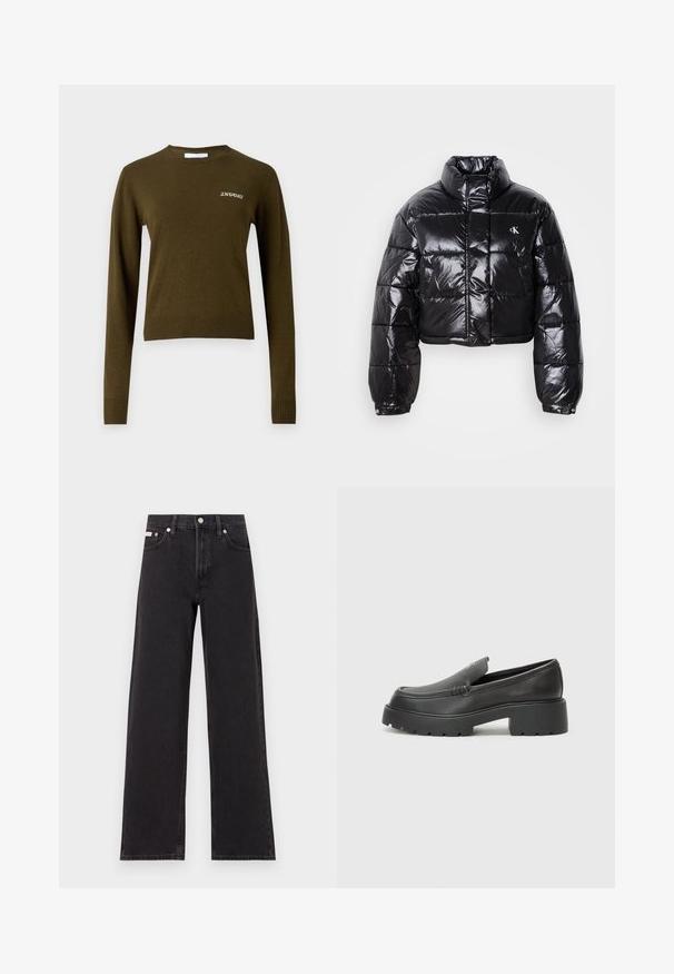 Trumpas juodas pūkinis paltas su blizgiu paviršiumi, aukšta apykakle, priekiniais užtrauktukais ir logotipo detalėmis. Yra plačios rankovės ir siuvinėtos dalys.; Olivinės spalvos ilgaapykaklė megztinis su grublėtu apykakle ir kraštu. Prie priekio subtiliai siuvinėtas baltas užrašas "2ND DAY". Minkšta tekstūra.; Juodos plačios kojų džinsai, pagaminti iš džinsinio audinio, su aukštu liemeniu, penkių kišenių stiliumi ir metaline sagte su kontrastingo siuvimo detalėmis.; Juodi odiniai loaferiai su apvaliu pirštu, storu tekstūruotu padu ir minimaliu siūlių dekoru. Išskirtinis dizainas be matomų raištelių ar furnitūros.