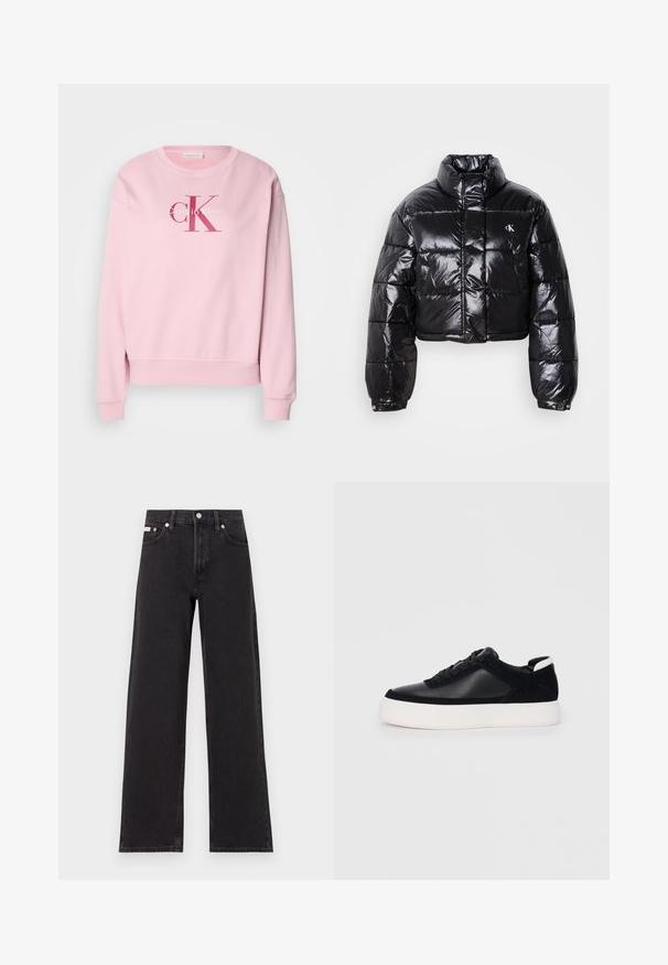 Zkrátená čierna prešívaná bunda s lesklým povrchom, vysokým golierom, predným zipsom a detailom loga. Obsahuje nadrozšírené rukávy a prešívané časti.; Ružový sweatshirt s okrúhlym výstrihom, dlhými rukávmi a predným logom s textom "Calvin Klein" a "cK" v kontrastných farbách.; Čierne široké džínsy vyrobené z denimu, s vysokým pásom, piatimi vreckami a kovovým zapínaním s kontrastným šitím.; Čierne tenisky s hladkou kožou a semišovými panelmi, plochými šnúrkami, zaoblenou špičkou a bielou gumovou podrážkou. Výrazné logo na päte.