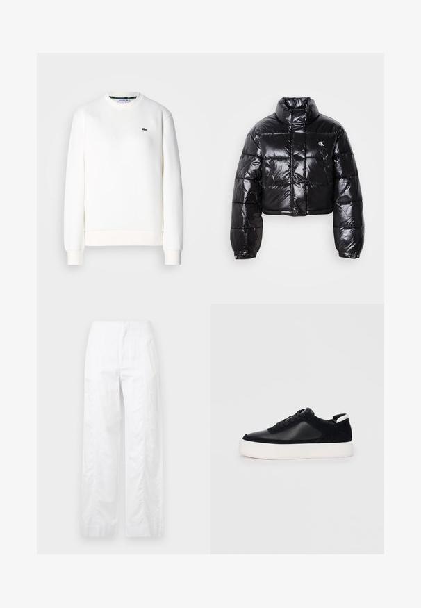 Zkrátená čierna prešívaná bunda s lesklým povrchom, vysokým golierom, predným zipsom a detailom loga. Obsahuje nadrozšírené rukávy a prešívané časti.; Biely sveter vyrobený z bavlnenej zmesi s okrúhlym výstrihom, rebrovanými manžetami a malým zeleným logom na hrudi. Hladká textura.; Biele široké nohavice z ľahkej látky, s hladkou textúrou, čistými líniami a vysokým pásom.; Čierne tenisky s hladkou kožou a semišovými panelmi, plochými šnúrkami, zaoblenou špičkou a bielou gumovou podrážkou. Výrazné logo na päte.