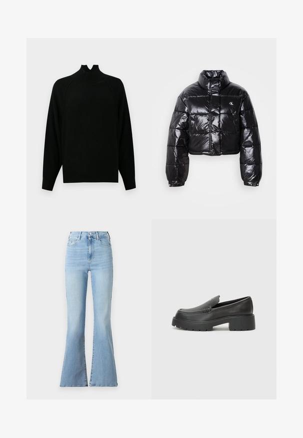 Krótkia czarna kurtka puchowa o błyszczącym wykończeniu, z wysokim kołnierzem, przednim zapięciem na zamek i detalem logo. Posiada obszerne rękawy i pikowane sekcje.; Czarny sweter z wysokim kołnierzem, z długimi rękawami, o prążkowanej strukturze i luźnym kroju. Posiada unikalny design wycięcia przy dekolcie.; Jasnoniebieskie dżinsy w stylu dzwonów z wysokim stanem, z denimu, o wyblakłej teksturze i klasycznym pięciopakowym wzornictwie. Posiadają zapięcie na guzik i zamek błyskawiczny.; Czarne skórzane mokasyny z zaokrąglonym noskiem, grubą fakturowaną podeszwą oraz minimalnymi detalami szycia. Elegancki design bez widocznych sznurowadeł czy elementów metalowych.