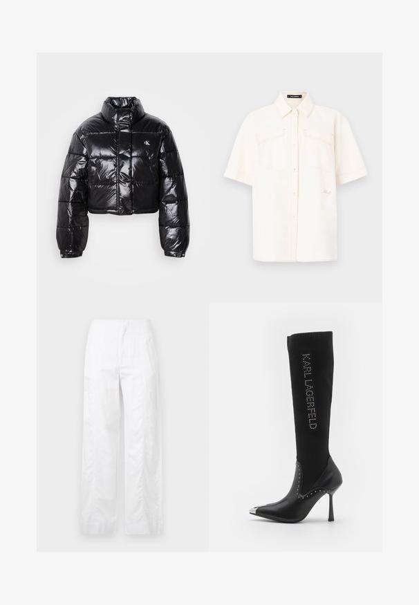 Cropped black puffer jacket with glossy finish, high collar, front zipper, and logo detail. Features oversized sleeves and quilted sections.; Short-sleeve, cream-colored shirt made of lightweight fabric, featuring two front pockets, a button-up design, and contrasting stitching.; White wide-leg trousers made of lightweight fabric, featuring a smooth texture, clean lines, and a high waist design.; Knee-high black boots with a stretchy knit upper, pointed toe, metallic heel, and studded accents. Features logo in crystals on the shaft.