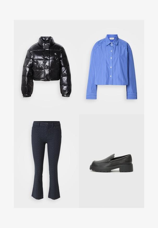 Fekete, fényes felületű, vágott pufi dzseki, magas gallérral, elülső cipzárral és logó részlettel. Tágas ujjakkal és steppelt részekkel rendelkezik.; Rövidített kék ing, függőleges fehér csíkokkal, klasszikus gallérral, hosszú ujjal és gombos elülső résszel; sima, könnyű anyagból készült.; Tengerészkék, harang fazonú farmernadrág, dombornyomott geometrikus mintával. Gombos záródás, öt zseb és texturált anyag jellemzi.; Fekete bőr loafer cipők kerek orral, vastag, texturált talppal és minimális varrási részletekkel. Áramvonalas dizájn, látható fűzők vagy fém részek nélkül.