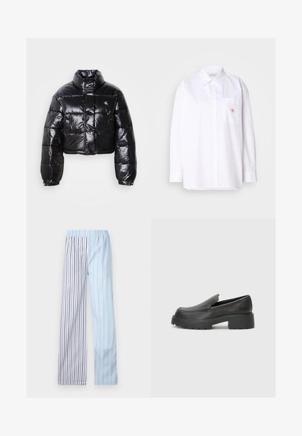 Lühendatud must puffer-jakk läikiva viimistlusega, kõrge krae, eeslukuga ja logodetailiga. Omab üleöö suuruseid varrukaid ja tikitud sektsioone.; Valge puuvillane nööpidega särk pika varrukaga, rinnakotiga ja väikese CK logo plaastriga kotil. Sile tekstuur ja kohandatud lõige.; Kerged, triibulised püksid, millel on elastsest materjalist vöökoht; omaduseks on vahelduvad helesinised ja valged triibud koos õhukeste hallide aktsentidega.; Mustad nahast loafers ümarate varvastega, paksu tekstuuriga tald ja minimaalsete õmbluse detailidega. Viimistletud disain, kus pole nähtavaid paelu ega riistu.