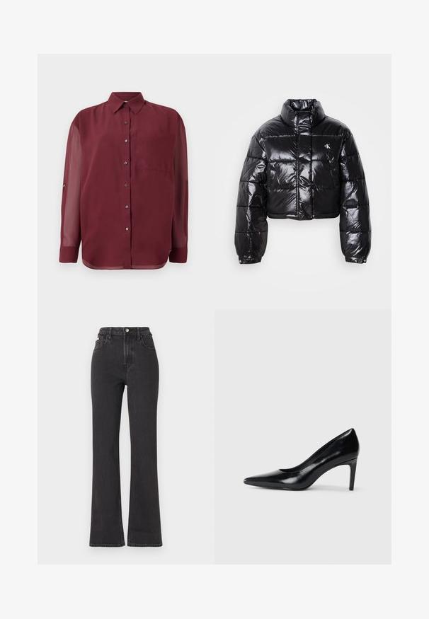 Jachetă puffer neagră scurtă cu finisaj lucios, guler înalt, fermoar frontal și detaliu cu logo. Are mâneci supradimensionate și secțiuni quilted.; Cămașă burgundy cu nasturi, cu guler ascuțit, mâneci lungi din material transparent, un buzunar pe piept și nasturi de ton argintiu. Textura țesăturii este netedă.; Jeans negre cu talie înaltă, evazate, din denim, cu închidere prin buton, bucle pentru curea și buzunare laterale. Textură netedă, cu decolorare minimă.; Pantof de damă din piele neagră, cu toc înalt, vârf ascuțit, textură fină și toc conic. Design minimalist, fără embellishments suplimentare.