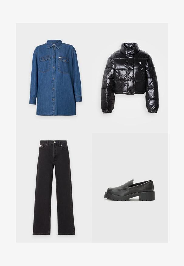 Cropped black puffer jacket with glossy finish, high collar, front zipper, and logo detail. Features oversized sleeves and quilted sections.; Denim shirt, long sleeves, light blue, two chest pockets, button-up front, classic collar, textured fabric, relaxed fit.; Black wide-leg jeans made of denim, featuring a high-rise waist, five-pocket styling, and a metal button closure with contrasting stitching.; Black leather loafers with a rounded toe, thick textured sole, and minimal stitching details. Sleek design with no visible laces or hardware.