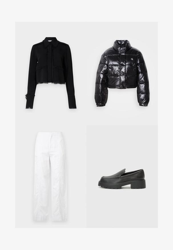 Fekete, fényes felületű, vágott pufi dzseki, magas gallérral, elülső cipzárral és logó részlettel. Tágas ujjakkal és steppelt részekkel rendelkezik.; Fekete, cropped dzseki rojtos szélekkel, hosszú ujjakkal, hegyes gallérral és gombos záródással, sima, könnyű anyagból.; Fehér, széles szárú nadrág könnyű anyagból, sima textúrával, letisztult vonalakkal és magasderék kialakítással.; Fekete bőr loafer cipők kerek orral, vastag, texturált talppal és minimális varrási részletekkel. Áramvonalas dizájn, látható fűzők vagy fém részek nélkül.