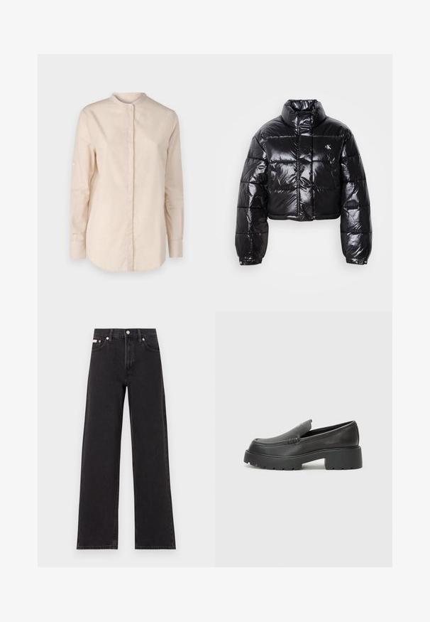 Fekete, fényes felületű, vágott pufi dzseki, magas gallérral, elülső cipzárral és logó részlettel. Tágas ujjakkal és steppelt részekkel rendelkezik.; BOSS BEFELIZE - Blúz - open orange; Fekete, bőszárú farmernadrág, magas derekú, öt zsebes kialakítással és fém gombos záródással, kontrasztos varrással.; Fekete bőr loafer cipők kerek orral, vastag, texturált talppal és minimális varrási részletekkel. Áramvonalas dizájn, látható fűzők vagy fém részek nélkül.