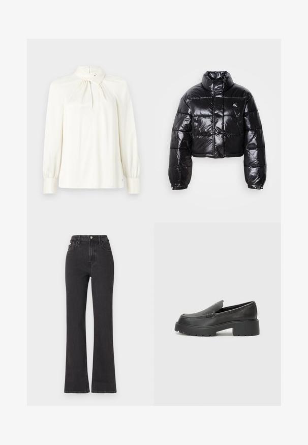 Zkrátená čierna prešívaná bunda s lesklým povrchom, vysokým golierom, predným zipsom a detailom loga. Obsahuje nadrozšírené rukávy a prešívané časti.; Dlhý rukáv, blúzka s vysokým golierom v smotanovej farbe, vyrobená z hladkej tkaniny. Obsahuje zberané detaily na výstrihu a nafúknuté rukávy.; Čierne džíny s vysokým pásom a rozšírenými nohavicami vyrobené z denimu, s gombíkovým zapínaním, pútkami na opasok a bočnými vreckami. Hladká textúra s minimálnym ošúchaním.; Čierne kožené mokasíny s okrúhlou špičkou, hrubou textúrovanou podrážkou a minimom stehovej výzdoby. Štíhly dizajn bez viditeľných šnúr alebo kovania.