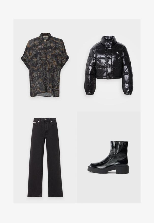 Cropped black puffer jacket with glossy finish, high collar, front zipper, and logo detail. Features oversized sleeves and quilted sections.; Short-sleeved black shirt featuring a floral pattern in white and orange. Lightweight fabric, button closure at the collar, relaxed fit.; Black wide-leg jeans made of denim, featuring a high-rise waist, five-pocket styling, and a metal button closure with contrasting stitching.; Black ankle boots with a glossy patent leather finish, chunky black rubber sole, and raised heel; includes subtle logo detail on the side.