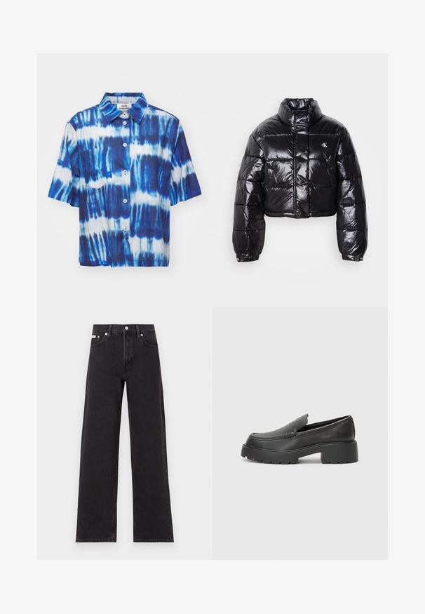 Giacca a vento nera cropped con finitura lucida, colletto alto, zip frontale e dettaglio con logo. Presenta maniche oversized e sezioni trapuntate.; Mads Nørgaard COLIN LORELLA - Camicia - merthyl blue; Jeans neri a gamba larga in denim, con vita alta, styling a cinque tasche e chiusura con bottone metallico e cuciture a contrasto.; Mocassini in pelle nera con punta arrotondata, suola spessa e testurizzata, e minime cuciture. Design elegante senza lacci o parti metalliche visibili.