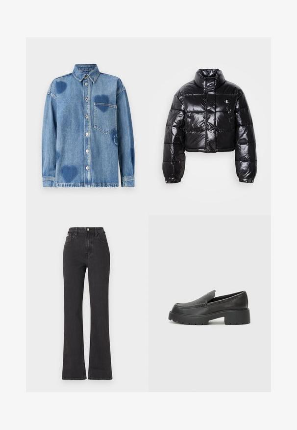 Cropped black puffer jacket with glossy finish, high collar, front zipper, and logo detail. Features oversized sleeves and quilted sections.; Denim shirt in light blue featuring heart-shaped accents, a pointed collar, front pocket, and button placket. Soft, textured fabric.; Black high-waisted flared jeans made of denim, featuring a button closure, belt loops, and side pockets. Smooth texture with minimal fading.; Black leather loafers with a rounded toe, thick textured sole, and minimal stitching details. Sleek design with no visible laces or hardware.