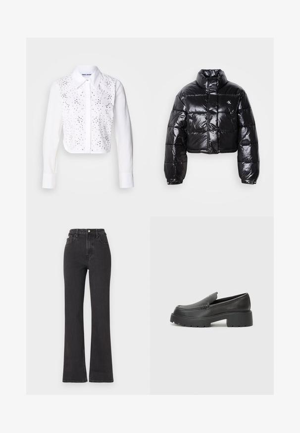 Casaco puffer preto cropped com acabamento brilhante, gola alta, fecho éclair à frente e detalhe de logótipos. Apresenta mangas oversized e secções acolchoadas.; Camisa branca curta com gola, apresentando detalhes em strass prateados na frente. Fechamento com botões, mangas longas com punhos.; Jeans flared pretos de cintura alta feitos de denim, com fecho de botão, passadores para cinto e bolsos laterais. Textura suave com desbotamento mínimo.; Mocassins de couro preto com bico arredondado, sola espessa e texturizada, e detalhes de costura minimalistas. Design elegante sem atacadores ou ferragens visíveis.